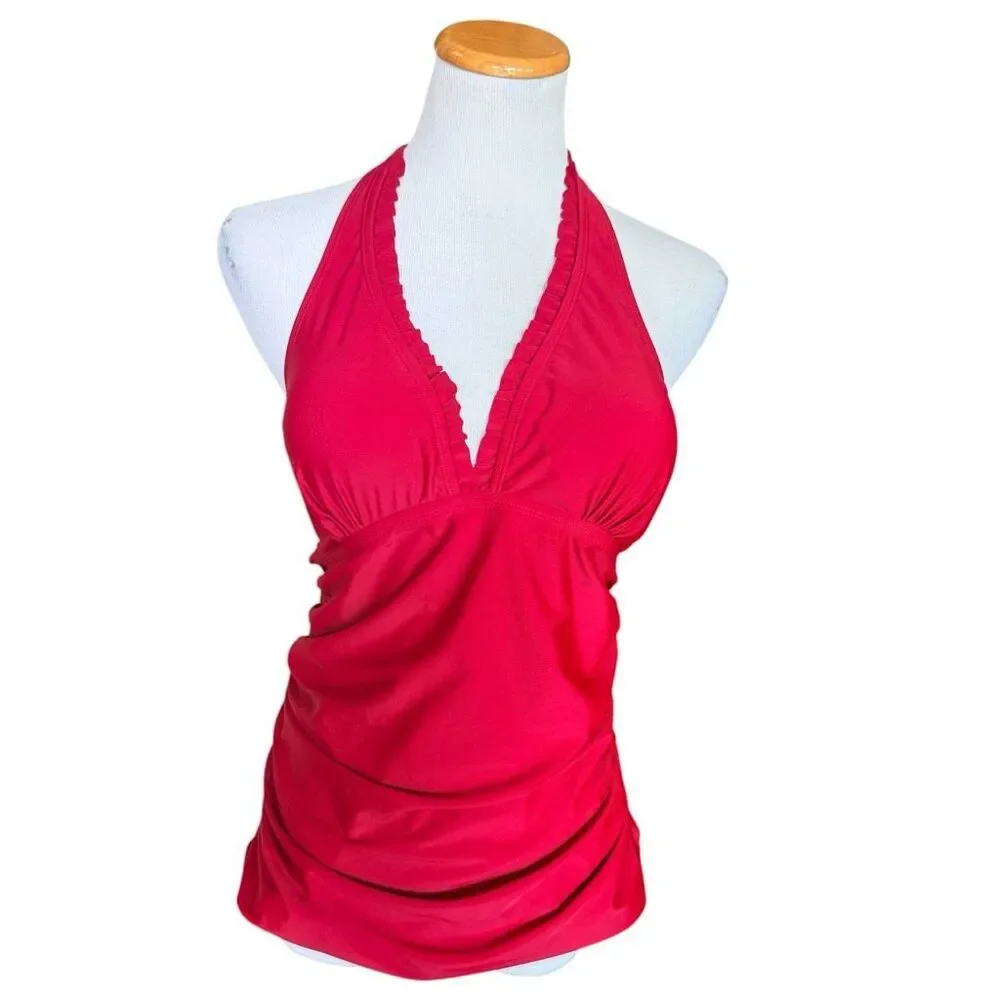NWOT Womens AnnJo V Neck Ruffle Halter Burgundy Ruffle Tankini Top - Sz L